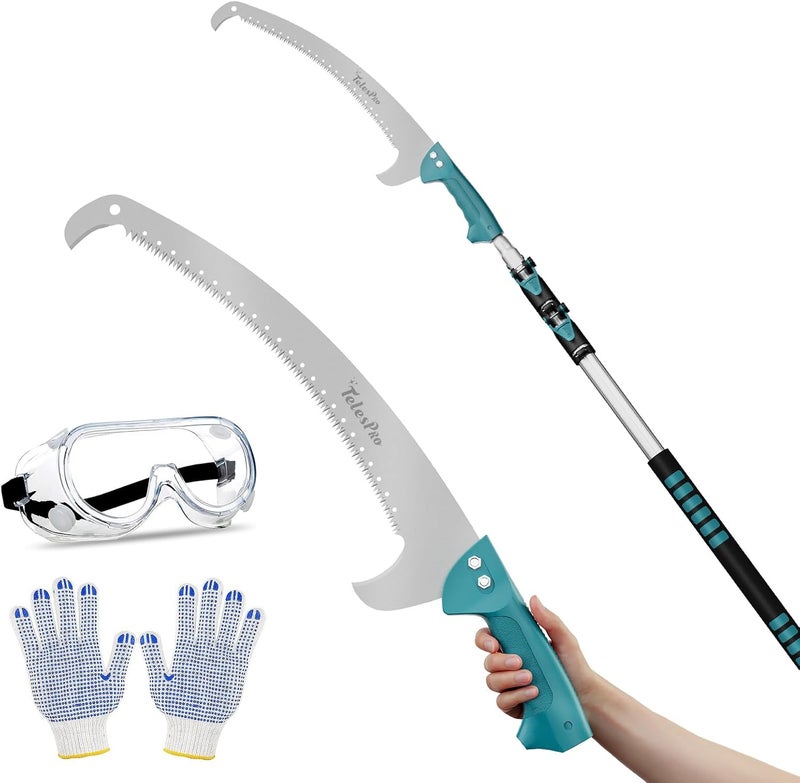 TelesPro Extendable Tree Trimmer: Manual Pole Saw | 5-12ft Telescoping Pruning Pole for Tree Trimming | Saw Attachment, Safety Goggles, and Gloves Included | Trim Branches up to 2" Diameter - Image 1